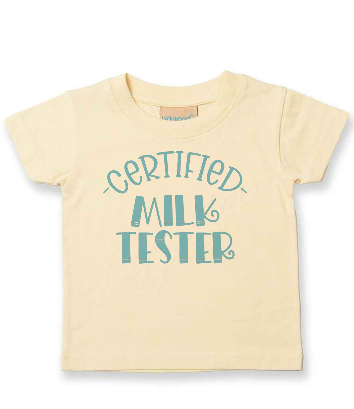 Certified Milk Tester – Baby T-Shirt in Pale Yellow with Baby Blue vinyl