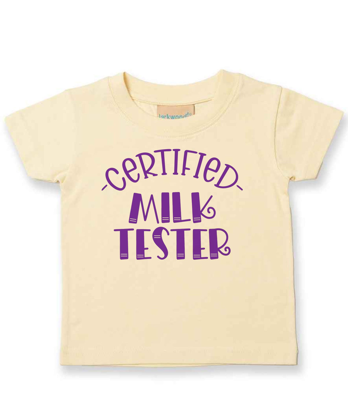 Certified Milk Tester – Baby T-Shirt in Pale Yellow with Purple vinyl