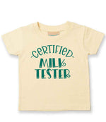 Certified Milk Tester – Baby T-Shirt in Pale Yellow with Teal vinyl