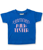 Certified Milk Tester – Baby T-Shirt in Royal Blue with Baby Pink vinyl