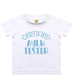 Certified Milk Tester – Baby T-Shirt in Sublimation White with Baby Blue vinyl