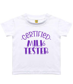 Certified Milk Tester – Baby T-Shirt in Sublimation White with Purple vinyl