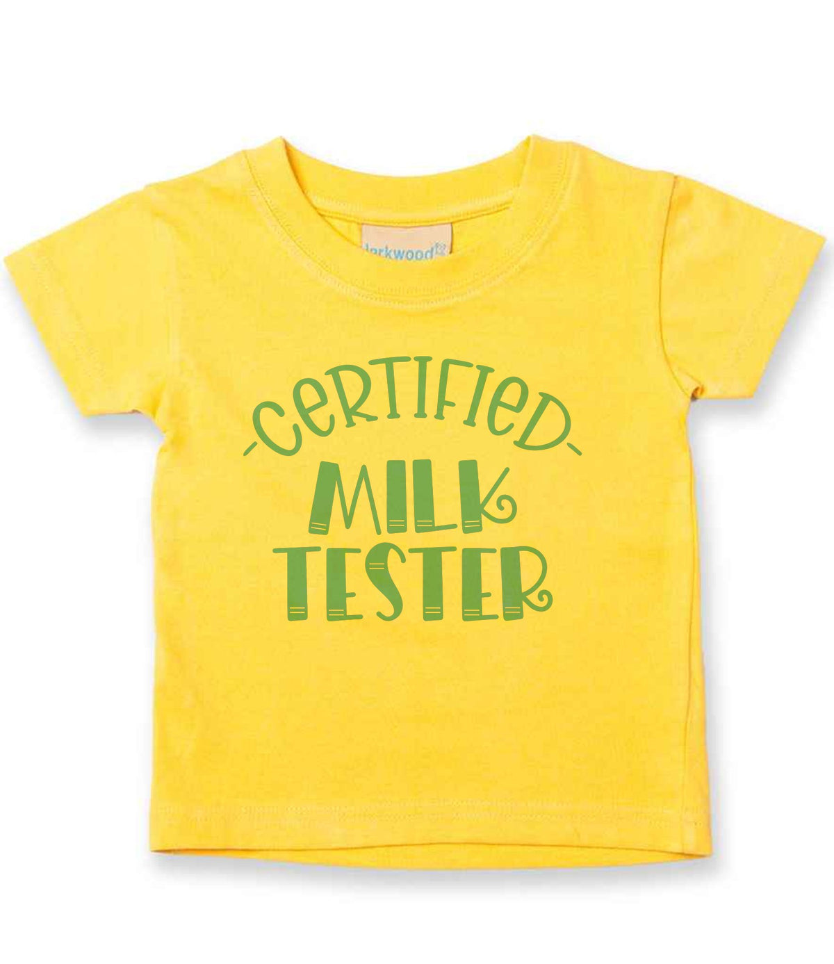 Certified Milk Tester – Baby T-Shirt in Sunflower with Baby Blue vinyl