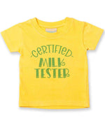 Certified Milk Tester – Baby T-Shirt in Sunflower with Baby Blue vinyl