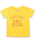 Certified Milk Tester – Baby T-Shirt in Sunflower with Baby Pink vinyl