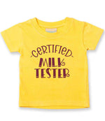 Certified Milk Tester – Baby T-Shirt in Sunflower with Purple vinyl