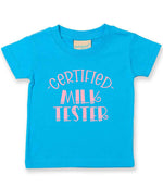 Certified Milk Tester – Baby T-Shirt in Turquoise Blue with Baby Pink vinyl