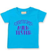 Certified Milk Tester – Baby T-Shirt in Turquoise Blue with Purple vinyl