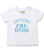 Certified Milk Tester – Baby T-Shirt in White with Baby Blue vinyl
