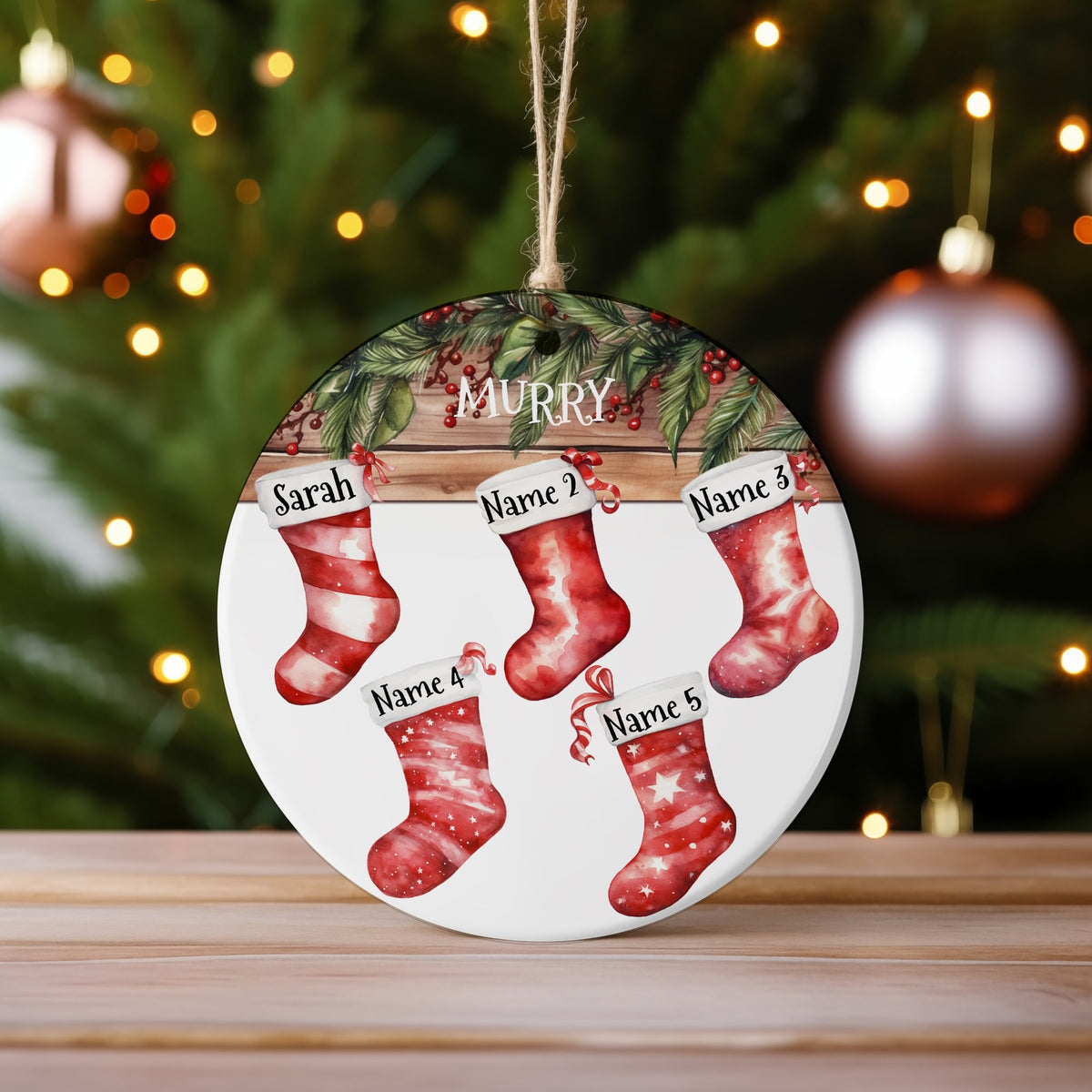 Christmas Decoration 5 Stockings – Ceramic Hanging Decoration, personalised with your own text