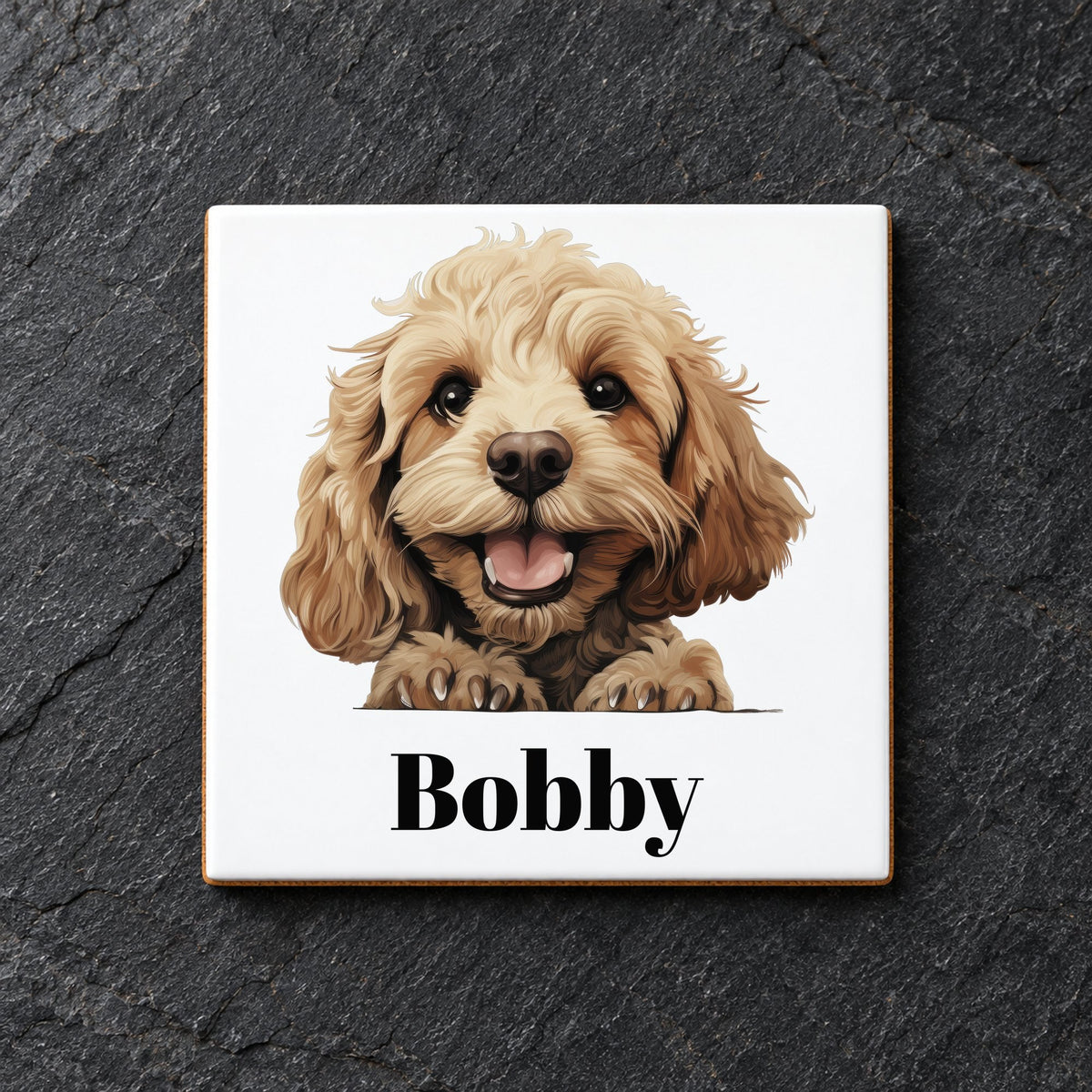 Customisable Cockapoo Dog Portrait – Ceramic Coaster, personalised with your own text