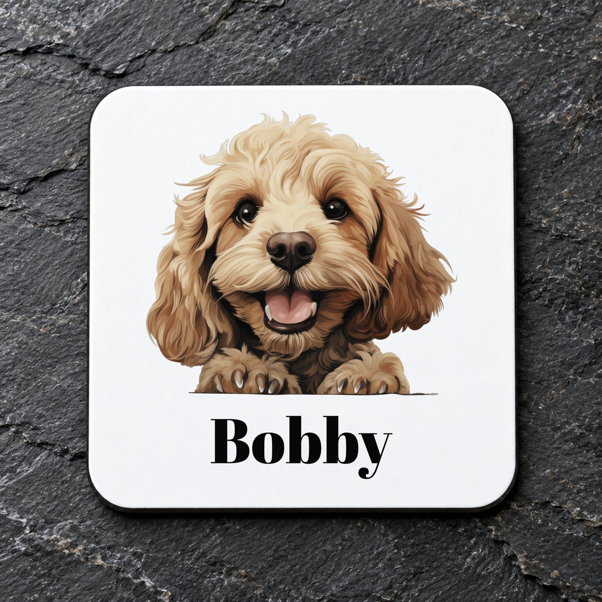 Customisable Cockapoo Dog Portrait – Coaster, personalised with your own text