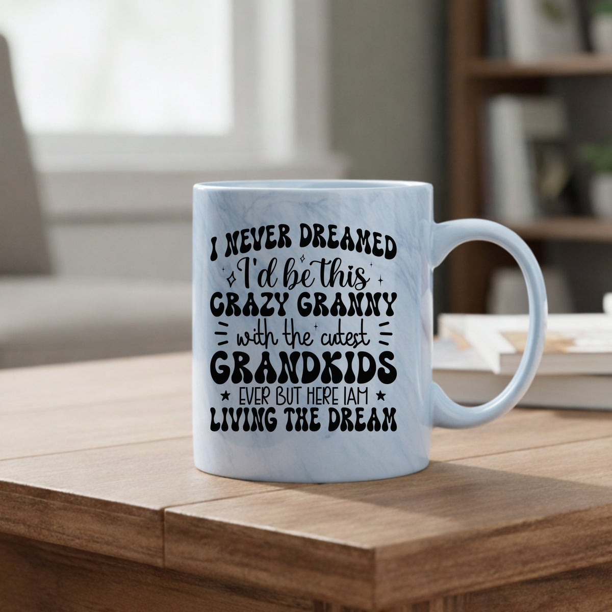 Crazy Granny with Grandkids marble mug in blue