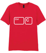 Adult piece of the Ctrl C & Ctrl V Matching T-shirt Set – Adult and Baby T-Shirts with Coordinating Keyboard Designs in Red