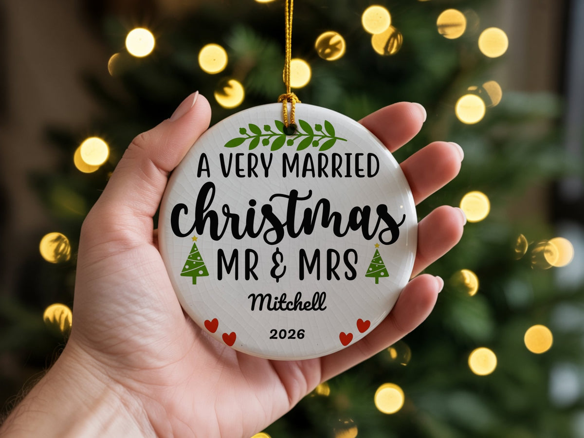 Customisable a VERY MARRIED Christmas MR & MRS – Ceramic Hanging Decoration, personalised with your own text