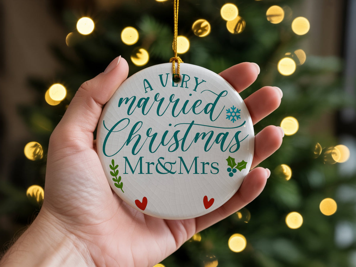 Customisable a VERY Married Christmas Mr & Mrs – Ceramic Hanging Decoration in Standard with Teal vinyl