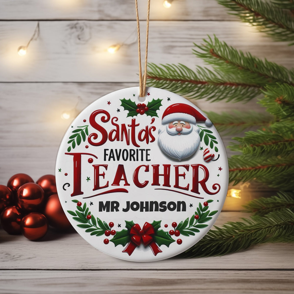 Customisable Santa's Favorite Teacher – Ceramic Hanging Decoration, personalised with your own text