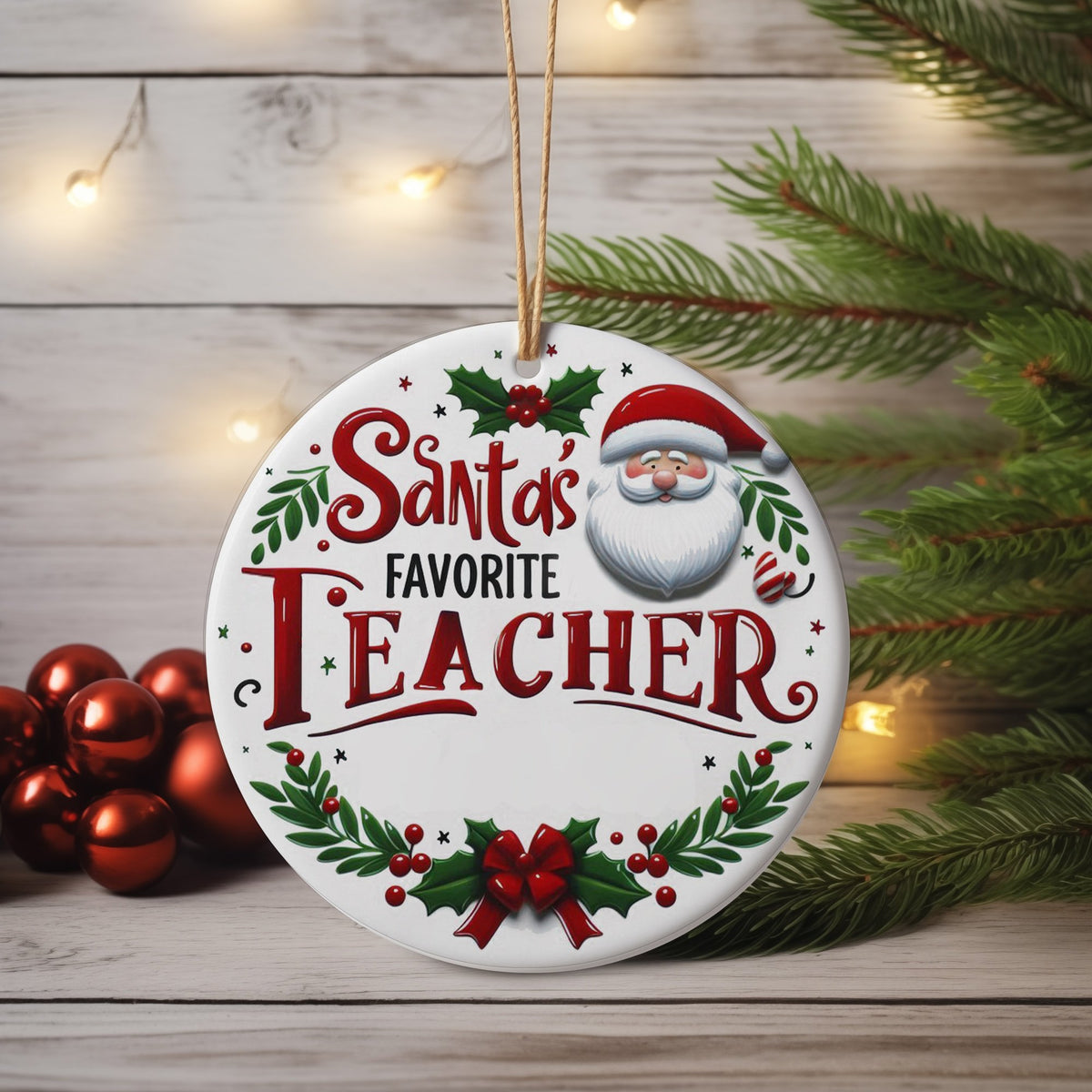 Customisable Santa's Favorite Teacher hanging decoration in standard