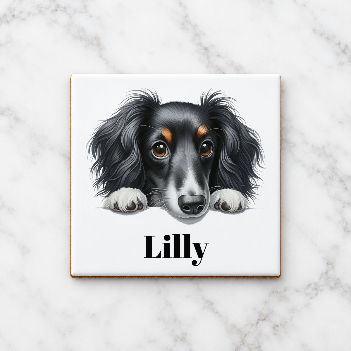 Customisable Dachshund Portrait – Ceramic Coaster, personalised with your own text