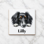 Customisable Dachshund Portrait – Ceramic Coaster, personalised with your own text