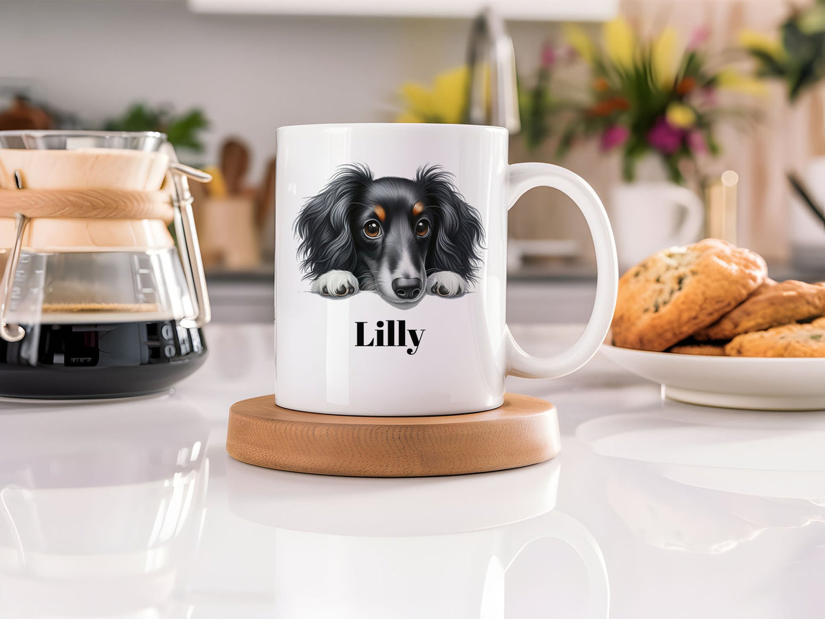 Customisable Dachshund Portrait – Orca 11oz Standard Mug, personalised with your own text