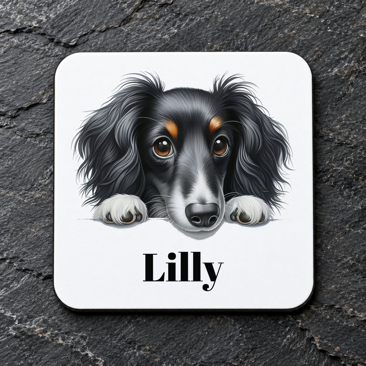 Customisable Dachshund Portrait – Coaster, personalised with your own text