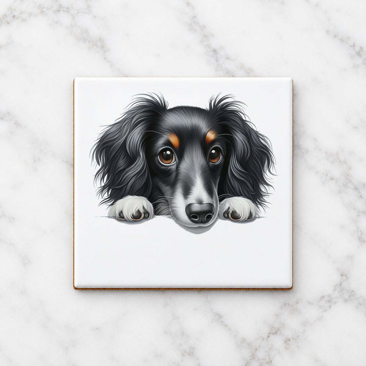 Dachshund Portrait ceramic coaster in white