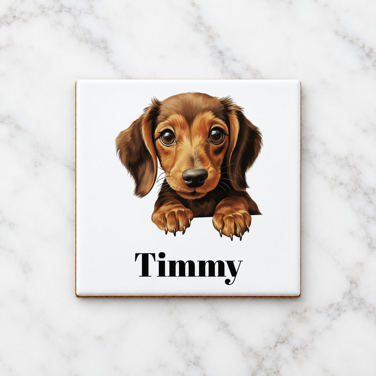 Customisable Dachshund Puppy – Ceramic Coaster, personalised with your own text
