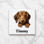 Customisable Dachshund Puppy – Ceramic Coaster, personalised with your own text