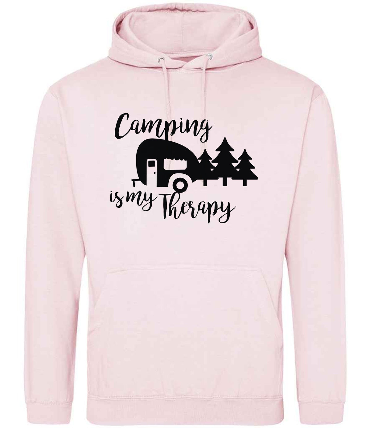Camping Is My Therapy hoodie in baby pink