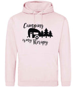 Camping Is My Therapy hoodie in baby pink