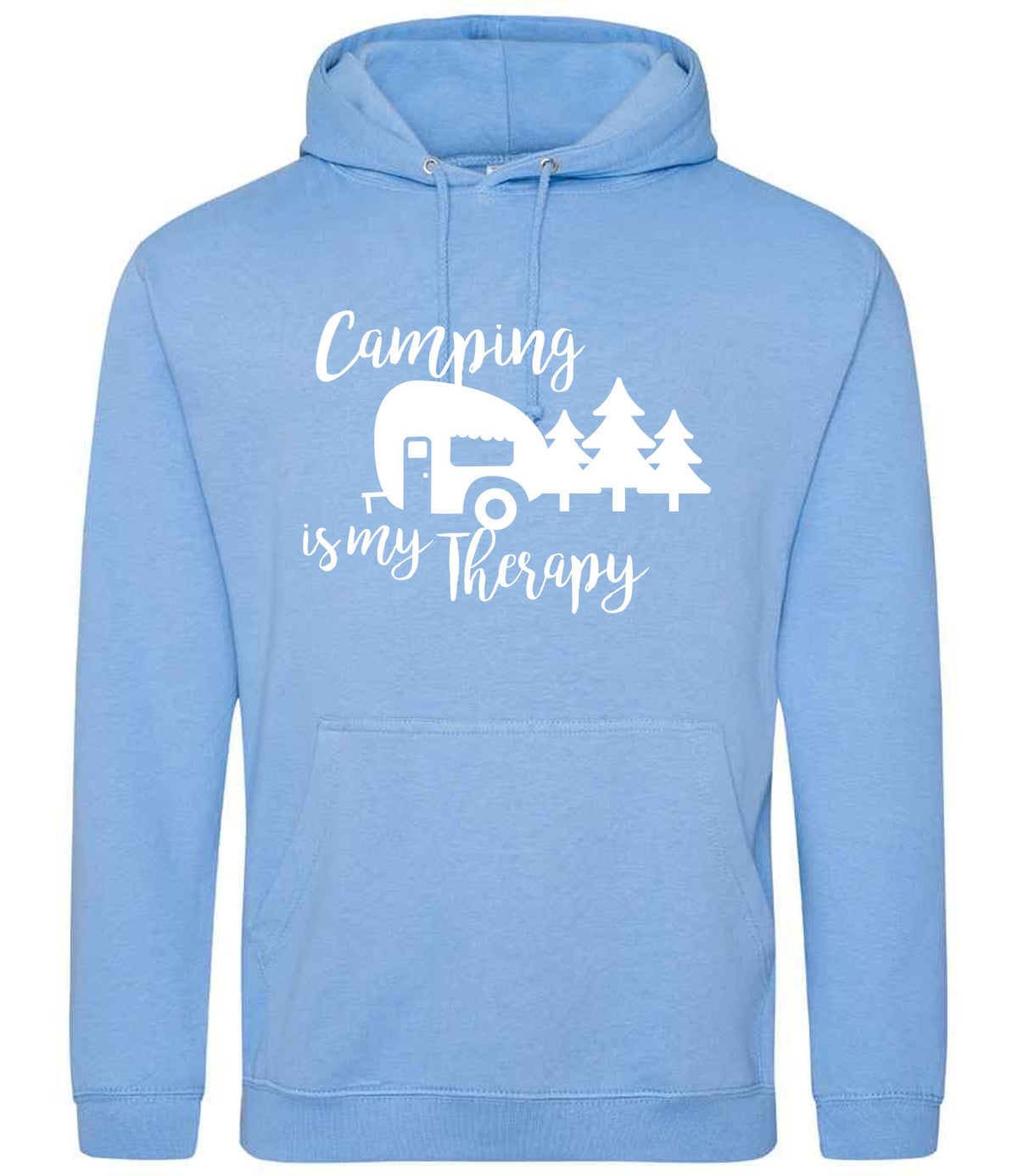 Camping Is My Therapy hoodie in cornflower blue