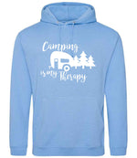 Camping Is My Therapy hoodie in cornflower blue