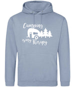 Camping Is My Therapy hoodie in dusty blue