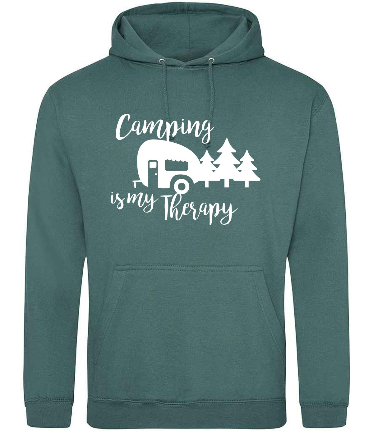 Camping Is My Therapy hoodie in moss green