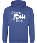 Camping Is My Therapy hoodie in royal blue