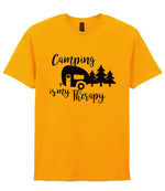 Camping Is My Therapy t-shirt in gold