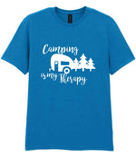 Camping Is My Therapy t-shirt in sapphire blue