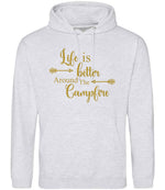 Life Is Better Around the Campfire – Unisex Hoodie in Ash with Gold vinyl
