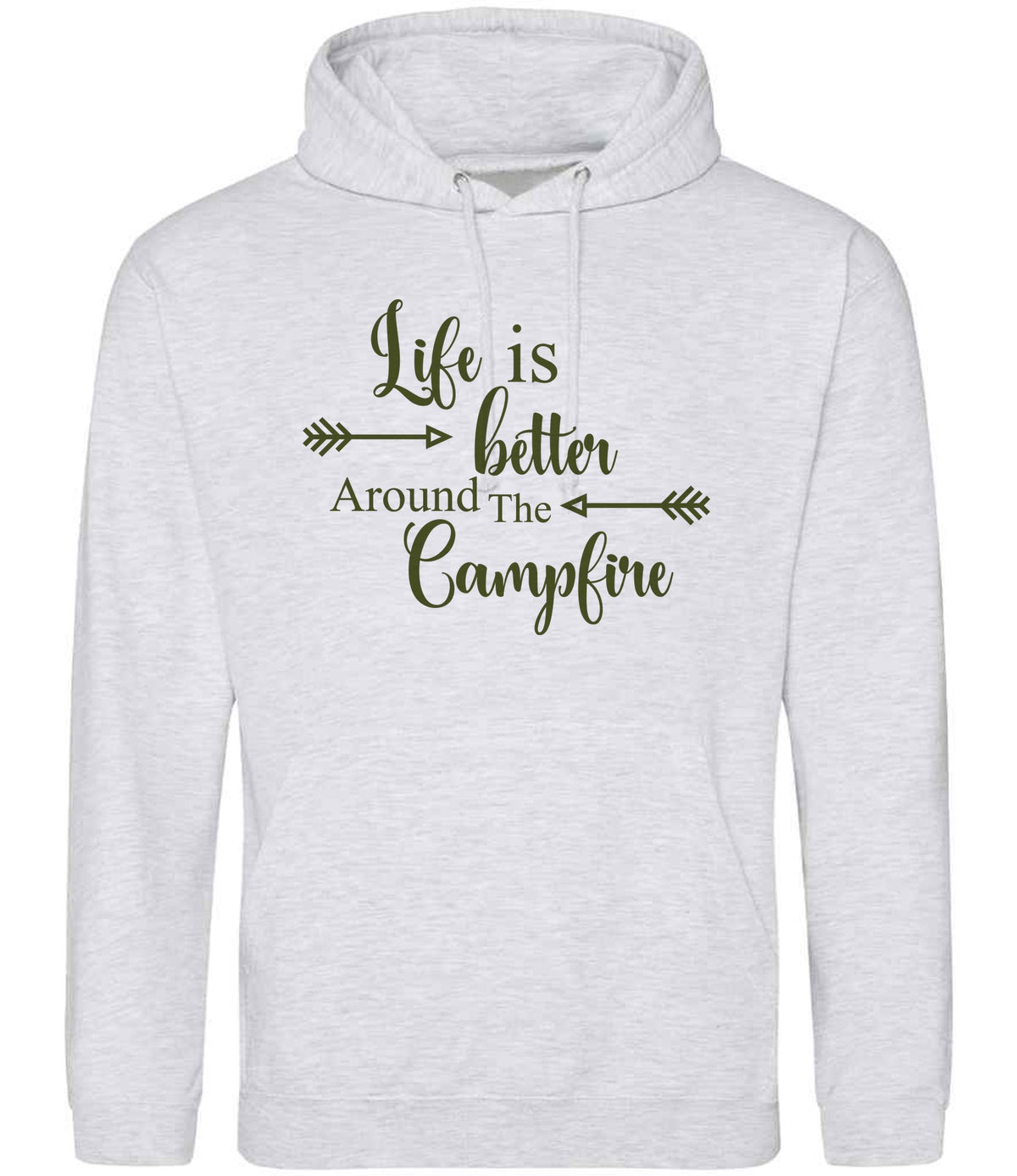 Life Is Better Around the Campfire – Unisex Hoodie in Ash with Military Green vinyl