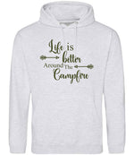 Life Is Better Around the Campfire – Unisex Hoodie in Ash with Military Green vinyl