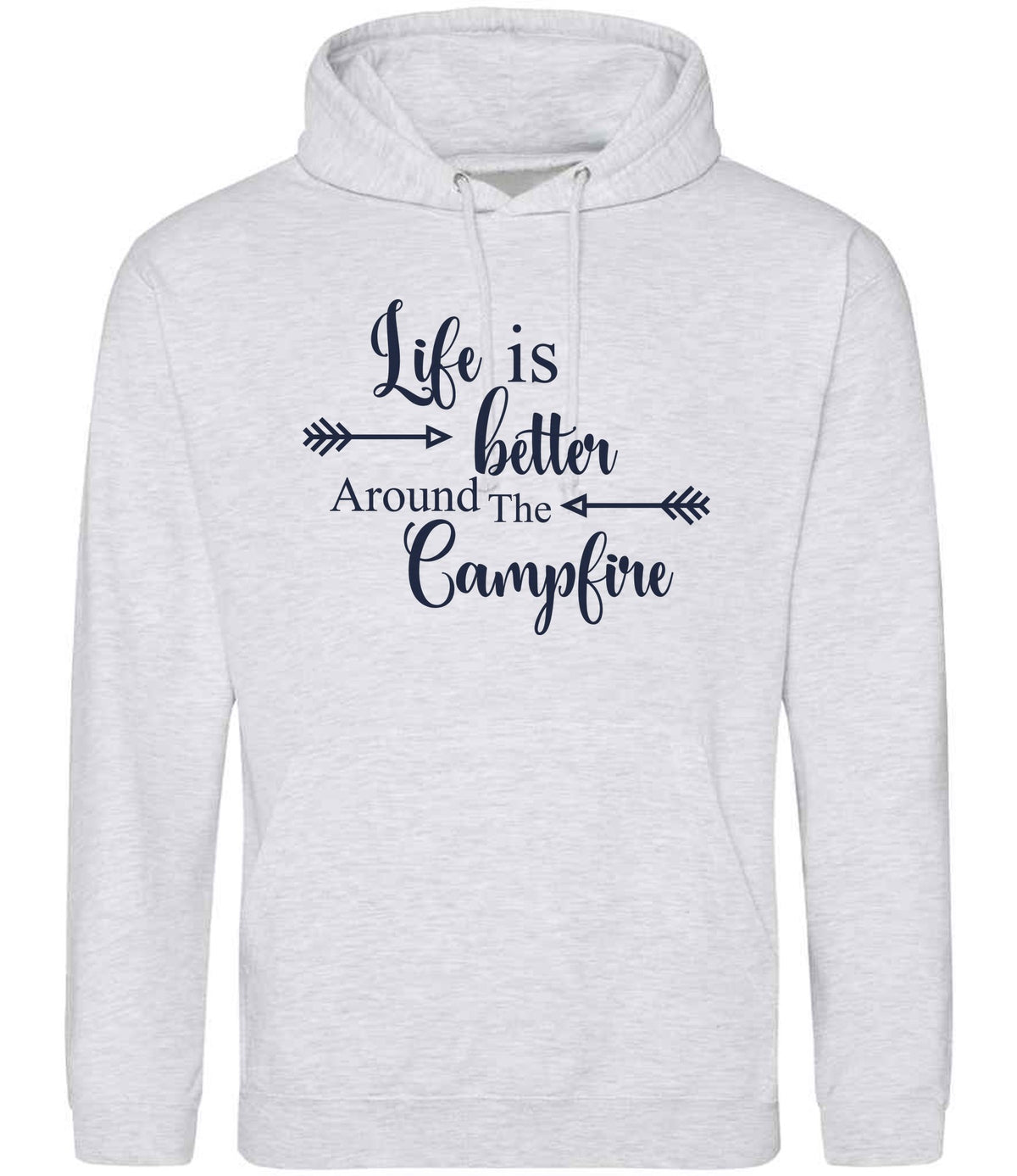 Life Is Better Around the Campfire – Unisex Hoodie in Ash with Navy vinyl