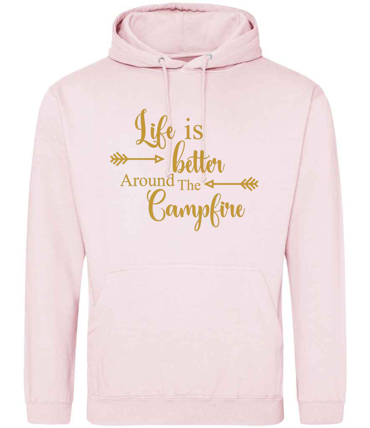Life Is Better Around the Campfire – Unisex Hoodie in Baby Pink with Gold vinyl