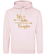 Life Is Better Around the Campfire – Unisex Hoodie in Baby Pink with Gold vinyl