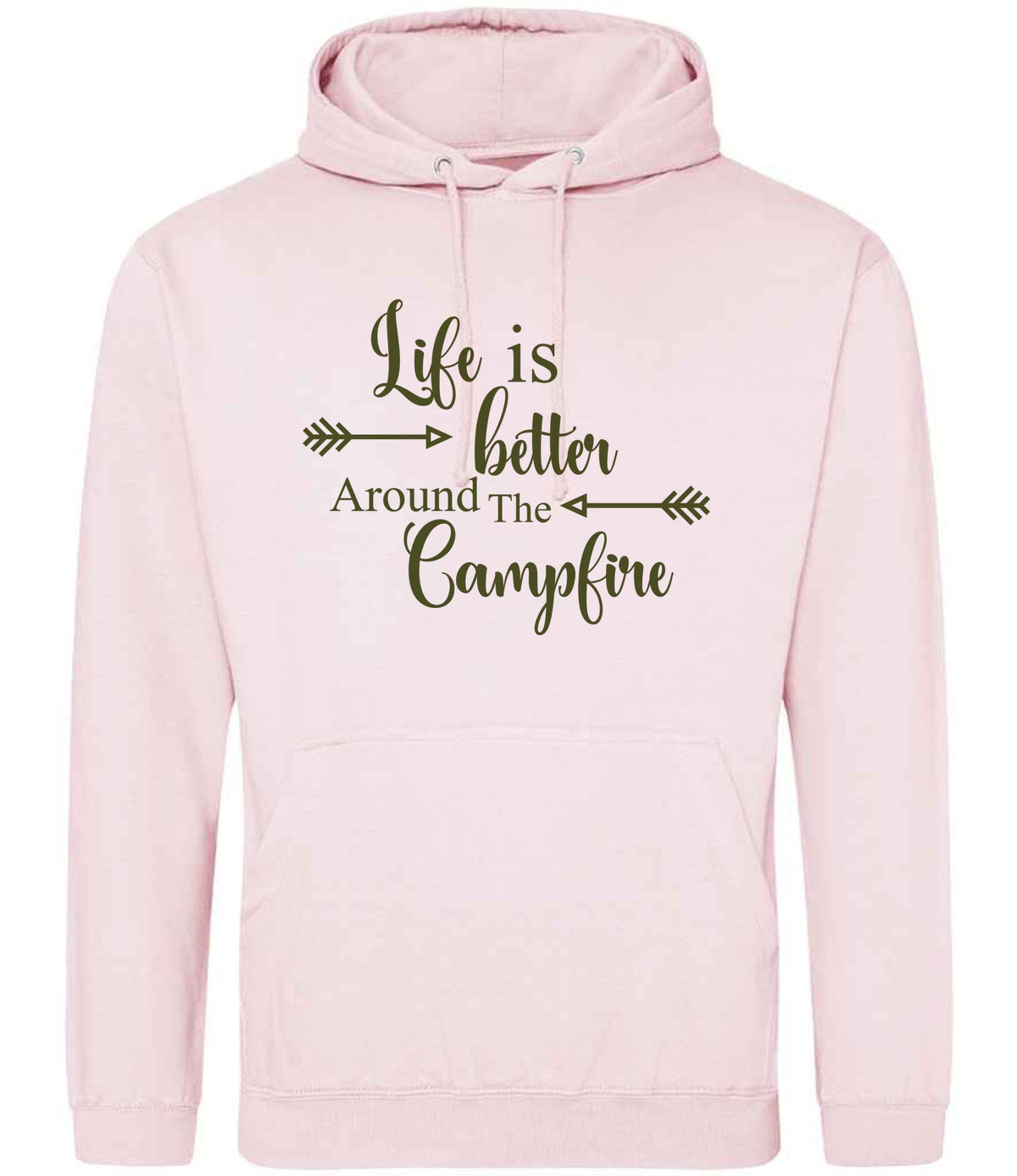 Life Is Better Around the Campfire – Unisex Hoodie in Baby Pink with Military Green vinyl