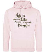 Life Is Better Around the Campfire – Unisex Hoodie in Baby Pink with Military Green vinyl