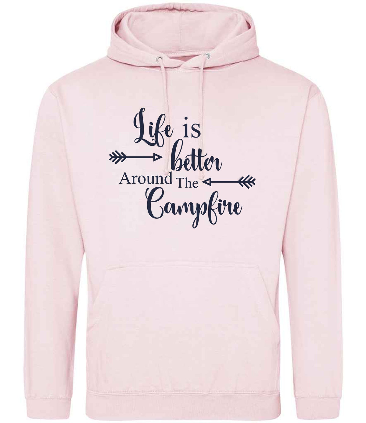 Life Is Better Around the Campfire – Unisex Hoodie in Baby Pink with Navy vinyl