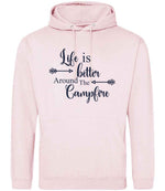 Life Is Better Around the Campfire – Unisex Hoodie in Baby Pink with Navy vinyl