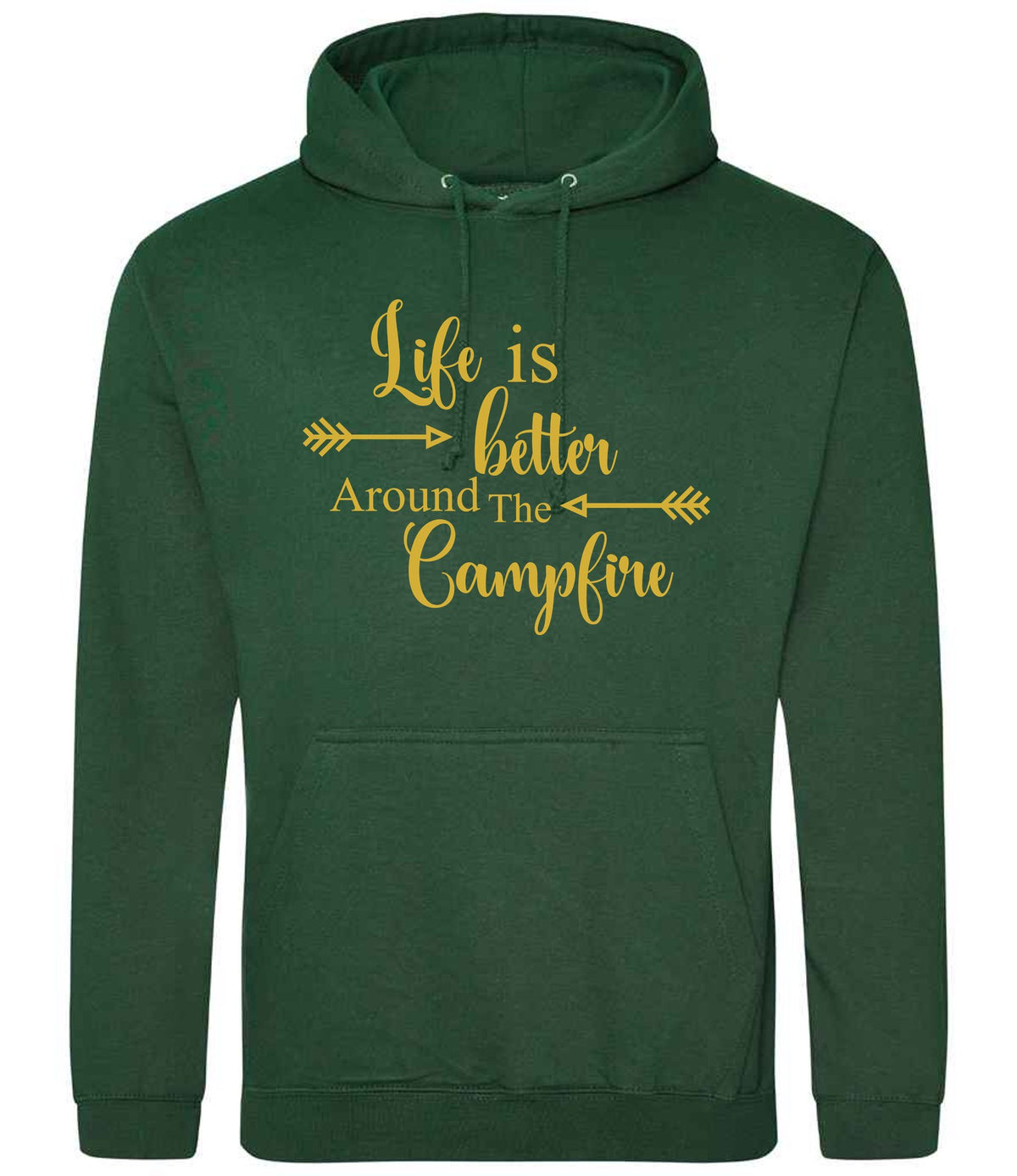 Life Is Better Around the Campfire – Unisex Hoodie in Bottle Green with Gold vinyl