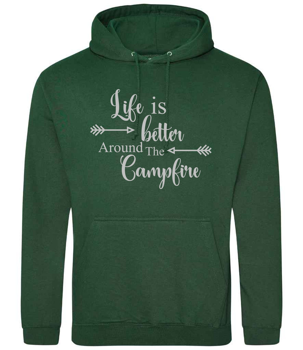 Life Is Better Around the Campfire – Unisex Hoodie in Bottle Green with Silver vinyl